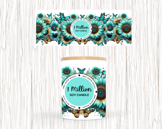 TEAL BUTTERFLIES &FLOWERS DESIGN CANDLE